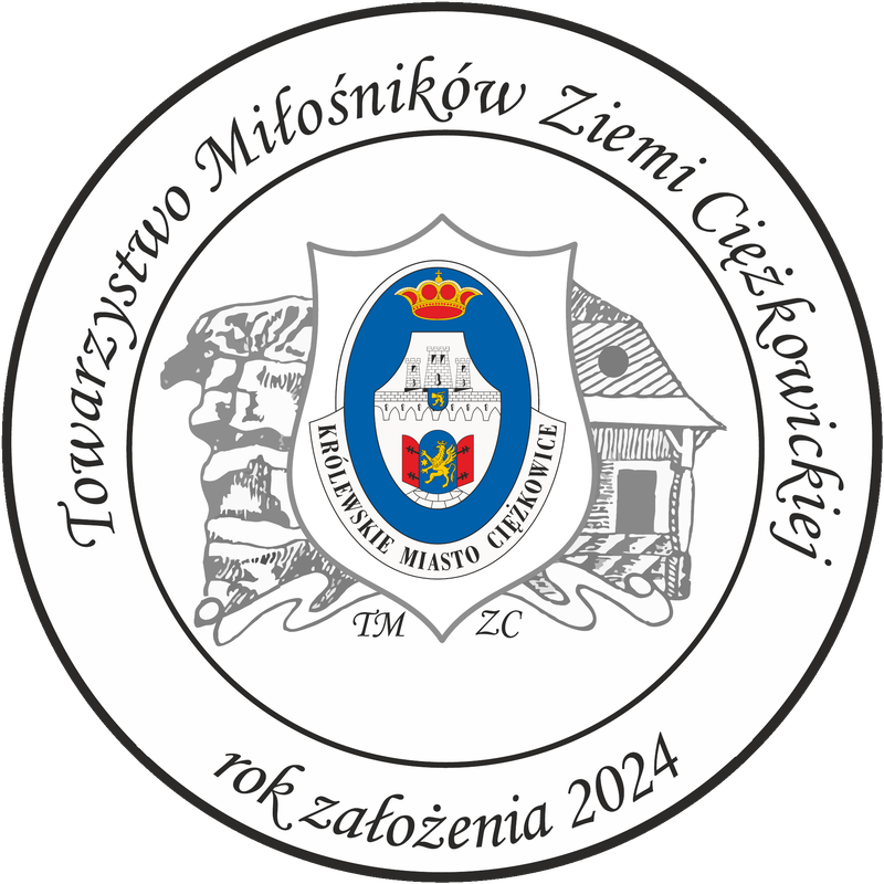 Logo Towarzystwa Miłośników Ziemi Ciężkowickiej: herb Królewskiego Miasta Ciężkowice na tle skał i drewnianego domu podcieniowego