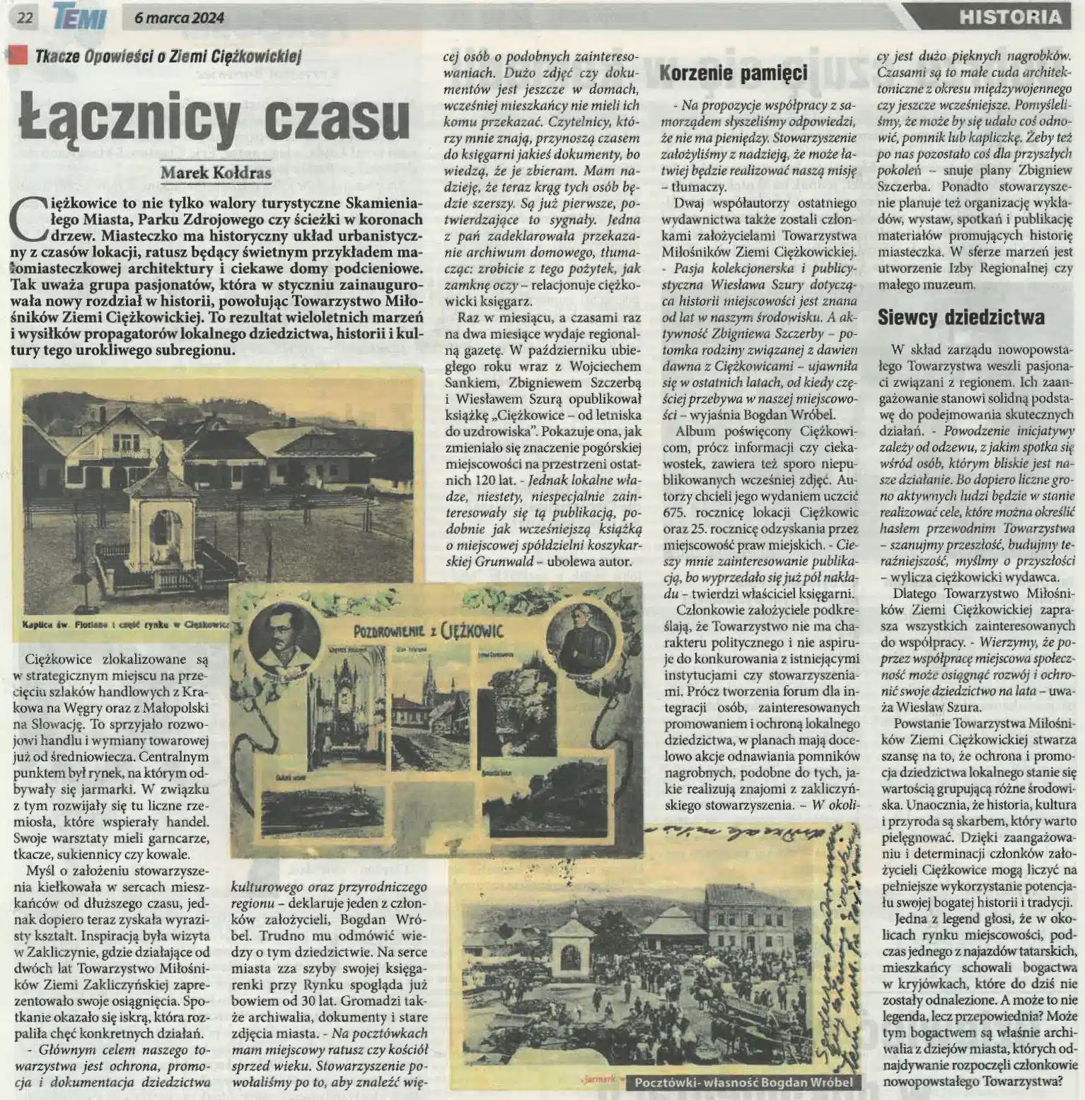Skan strony tygodnika TEMI z artykułem „Łącznicy czasu”